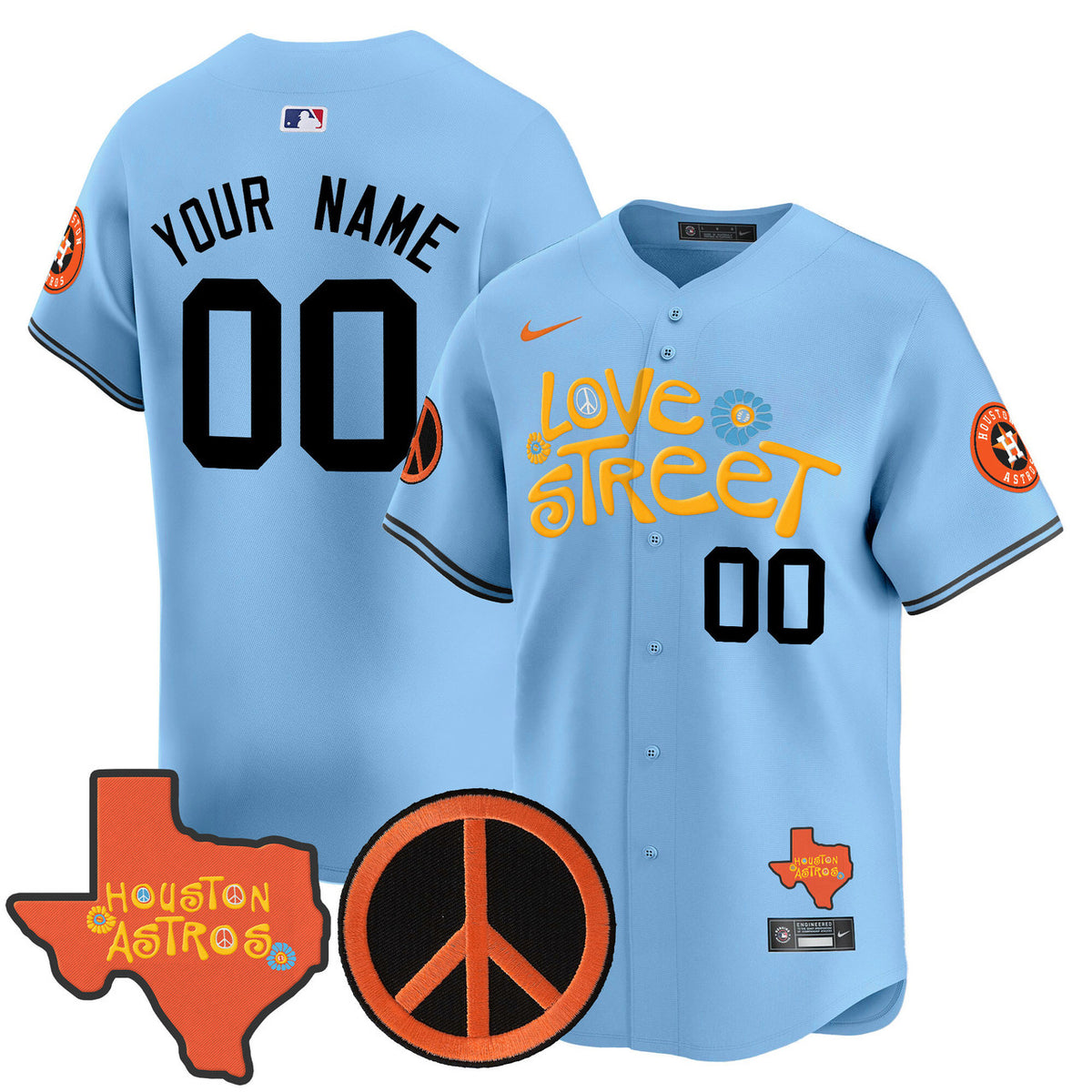 Houston Astros Love Street Peace Sign Patch Vapor Premier Limited V3 Custom Jersey