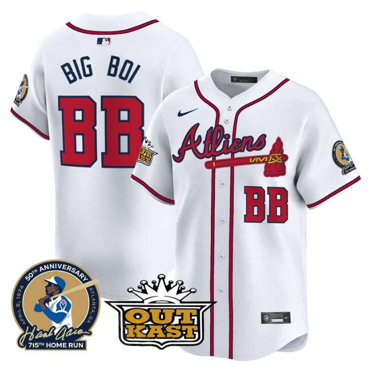 Big Boi Atlanta Braves #Bb Atliens Hank Aaron Patch Limited Whit Jersey