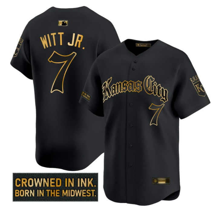 Black Gold #7 Kansas City Royals Bobby Witt Jr Gothic Crown Edition Limited Jersey