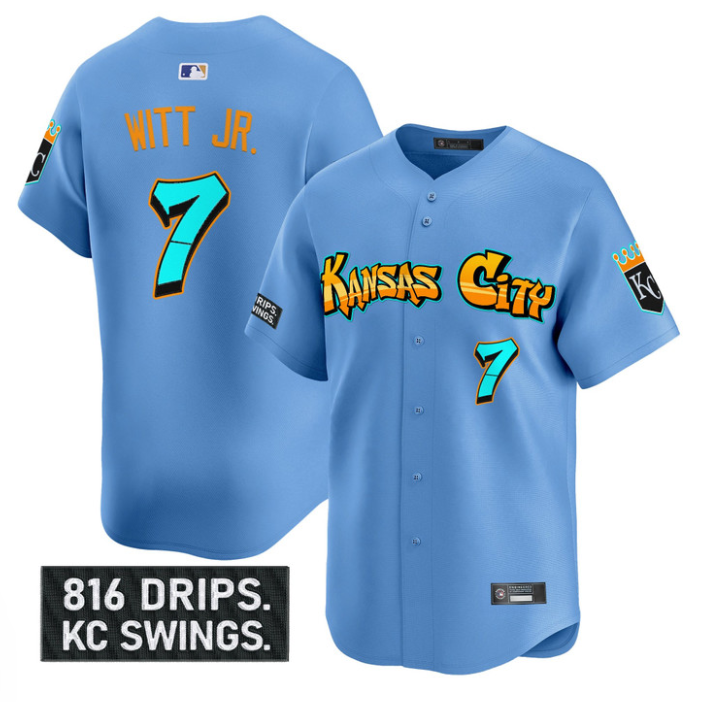 Bobby Witt Jr #7 Kansas City Royals Graffiti Crown Drop Limited Jersey - Blue