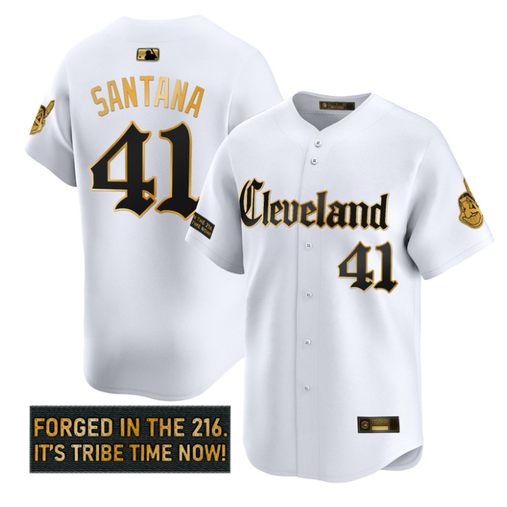 Carlos Santana #41 Cleveland Indians Gothic Iron Edition Limited Jersey - White Gold