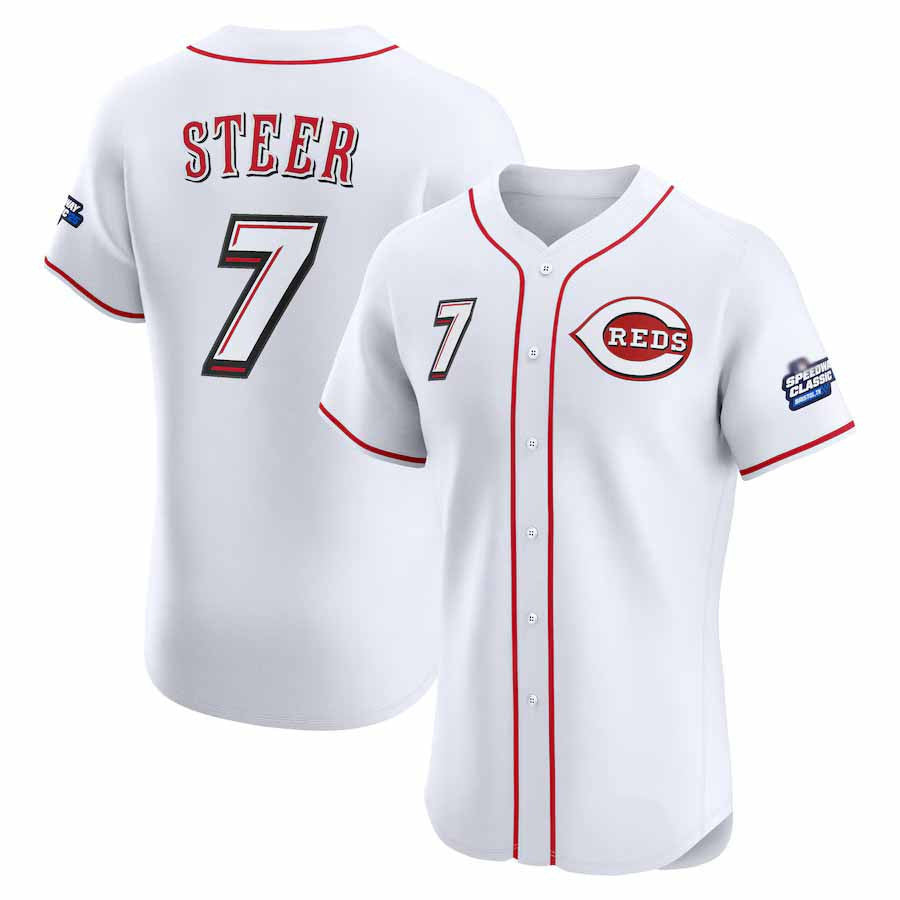 Spencer Steer #7 Cincinnati Reds 2025 Speedway Classic Home Elite Player Jersey - White