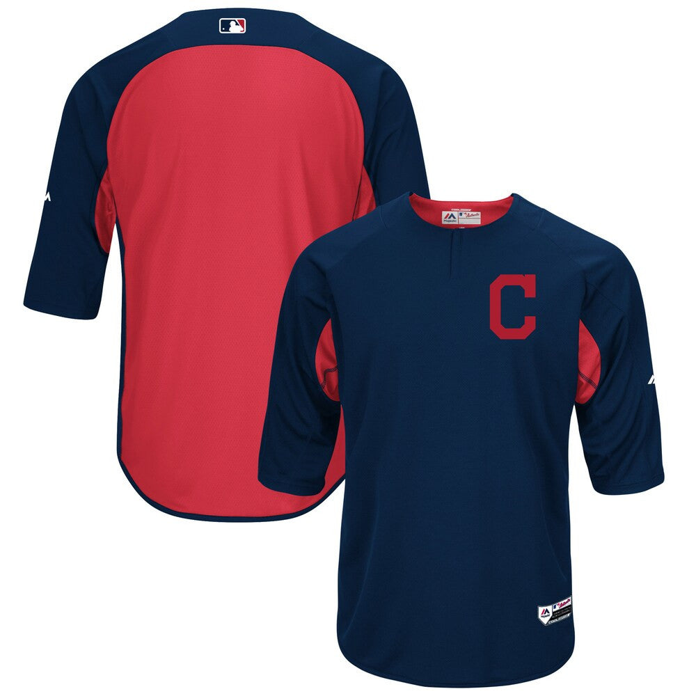Cleveland Indians #34 Majestic On Field Sleeve Navyred Limited Batting Practice Jersey