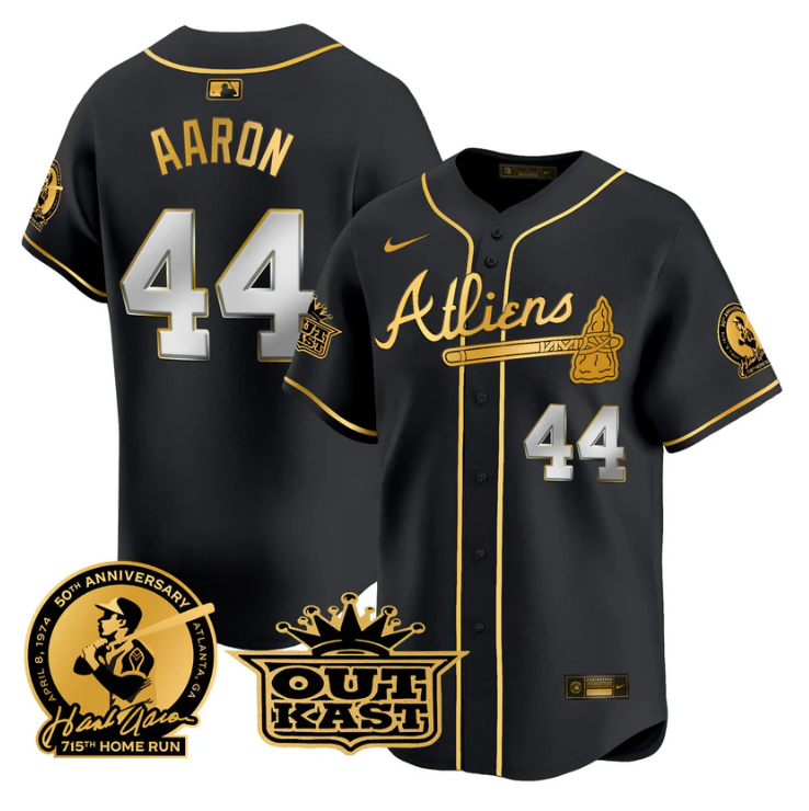 Hank Aaron #44 Atlanta Braves Atliens Patch Limited Jersey - Black Gold