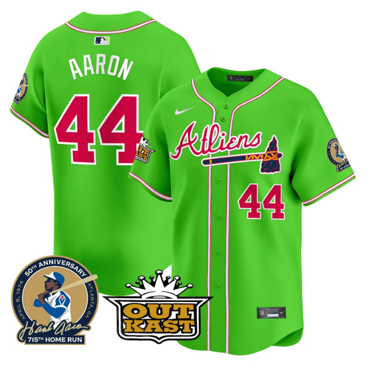 Hank Aaron #44 Atlanta Braves Atliens Patch Limited Bright Jersey - Green