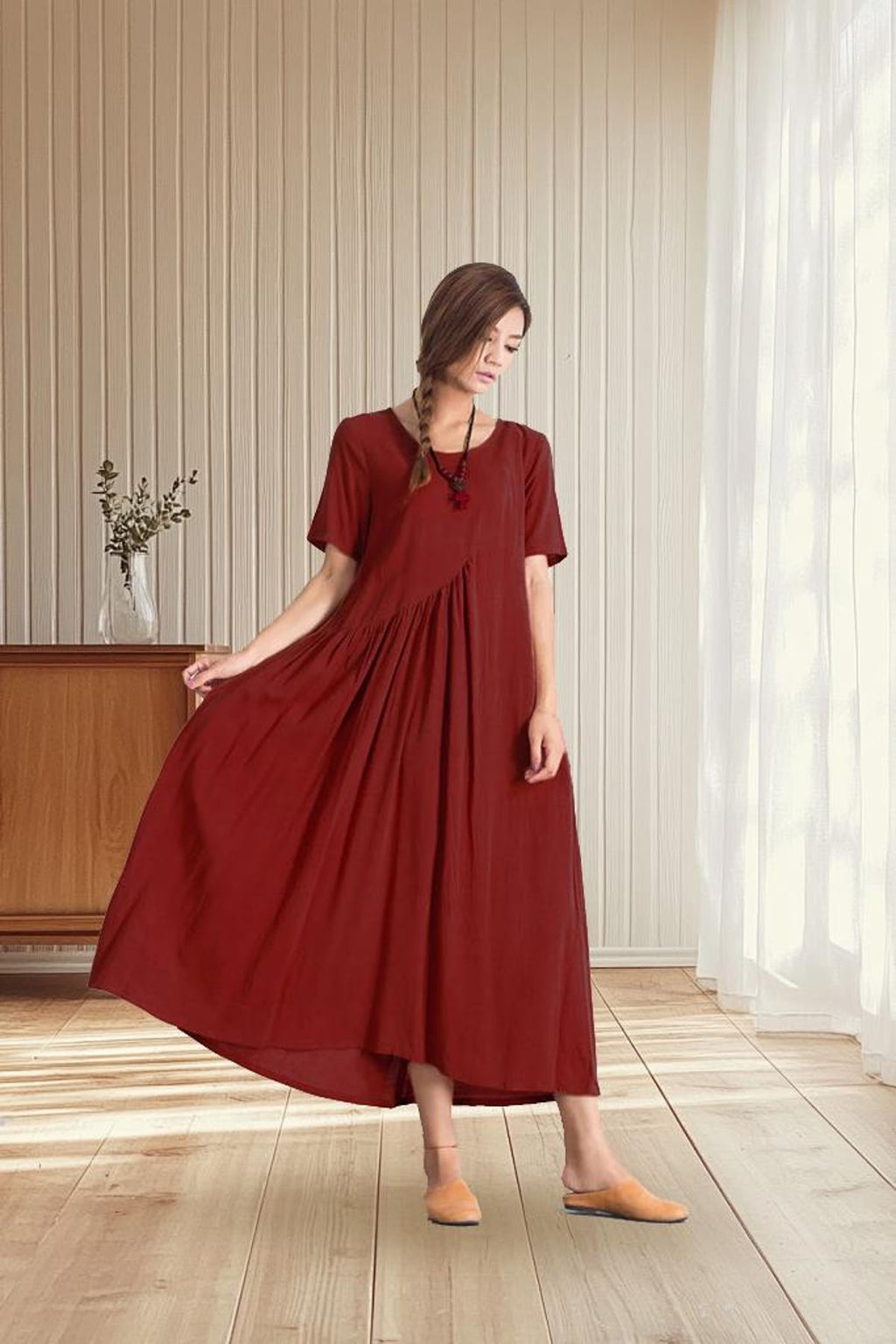 Women's Cotton Dress Short Sleeve Dress Summer Dress Loose Casual Maxi Dress