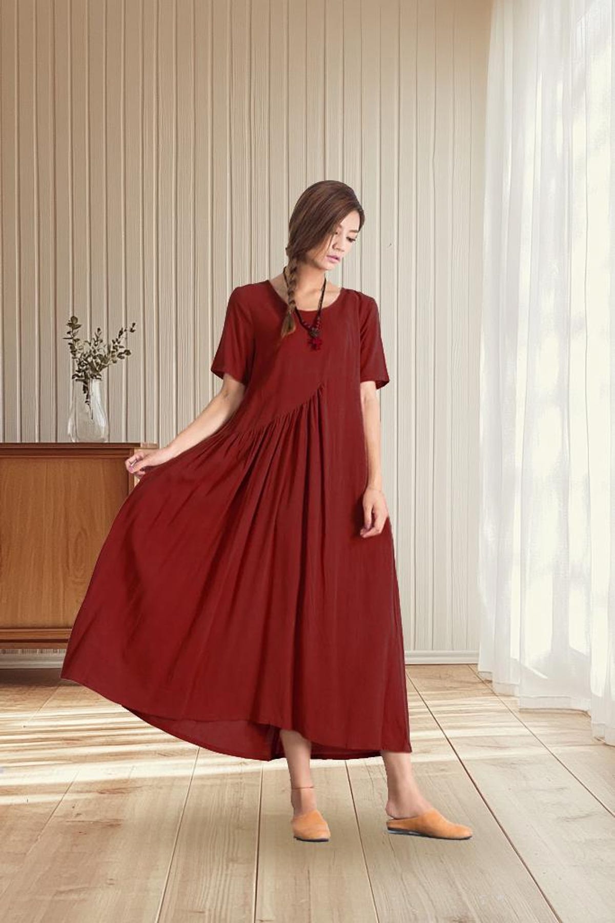 Women's Cotton Dress Short Sleeve Dress Summer Dress Loose Casual Maxi Dress