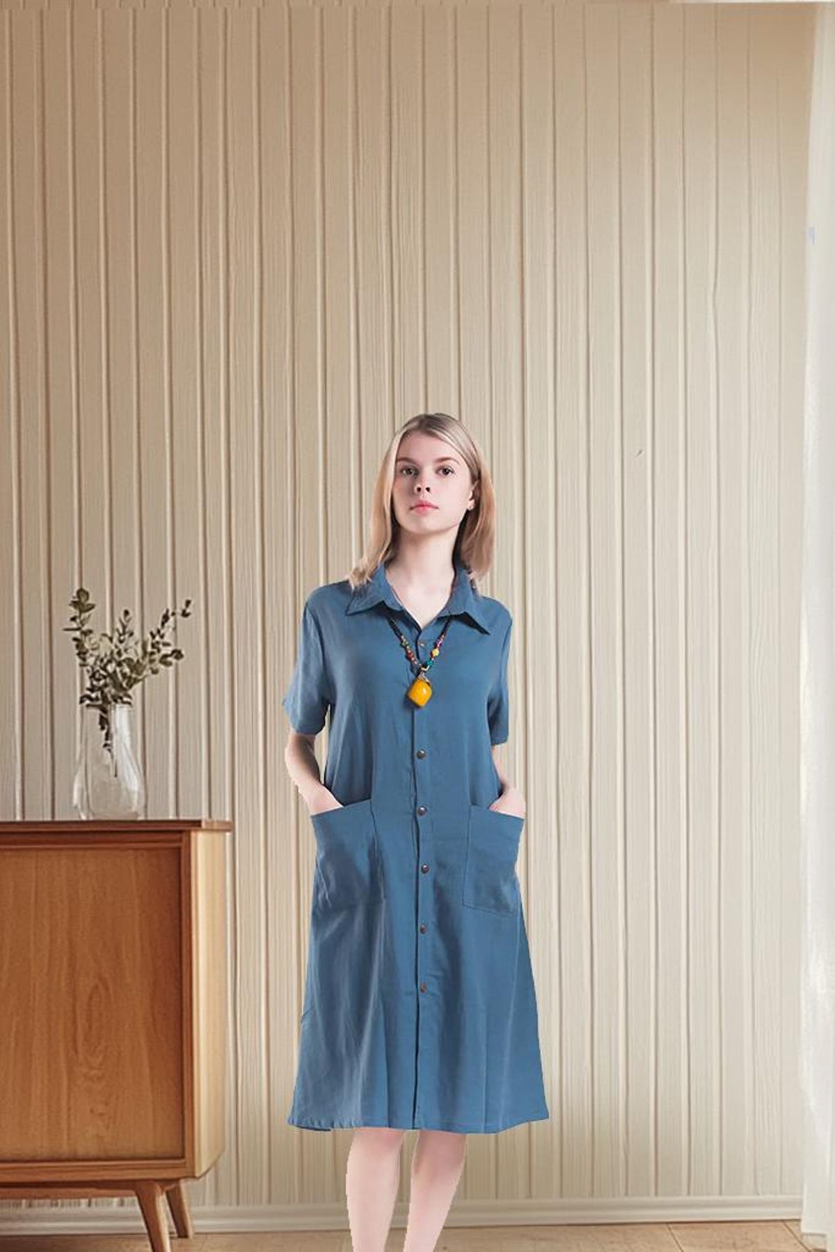 Linen Cotton Long Coat - Women's Plus Size Shirt Dress