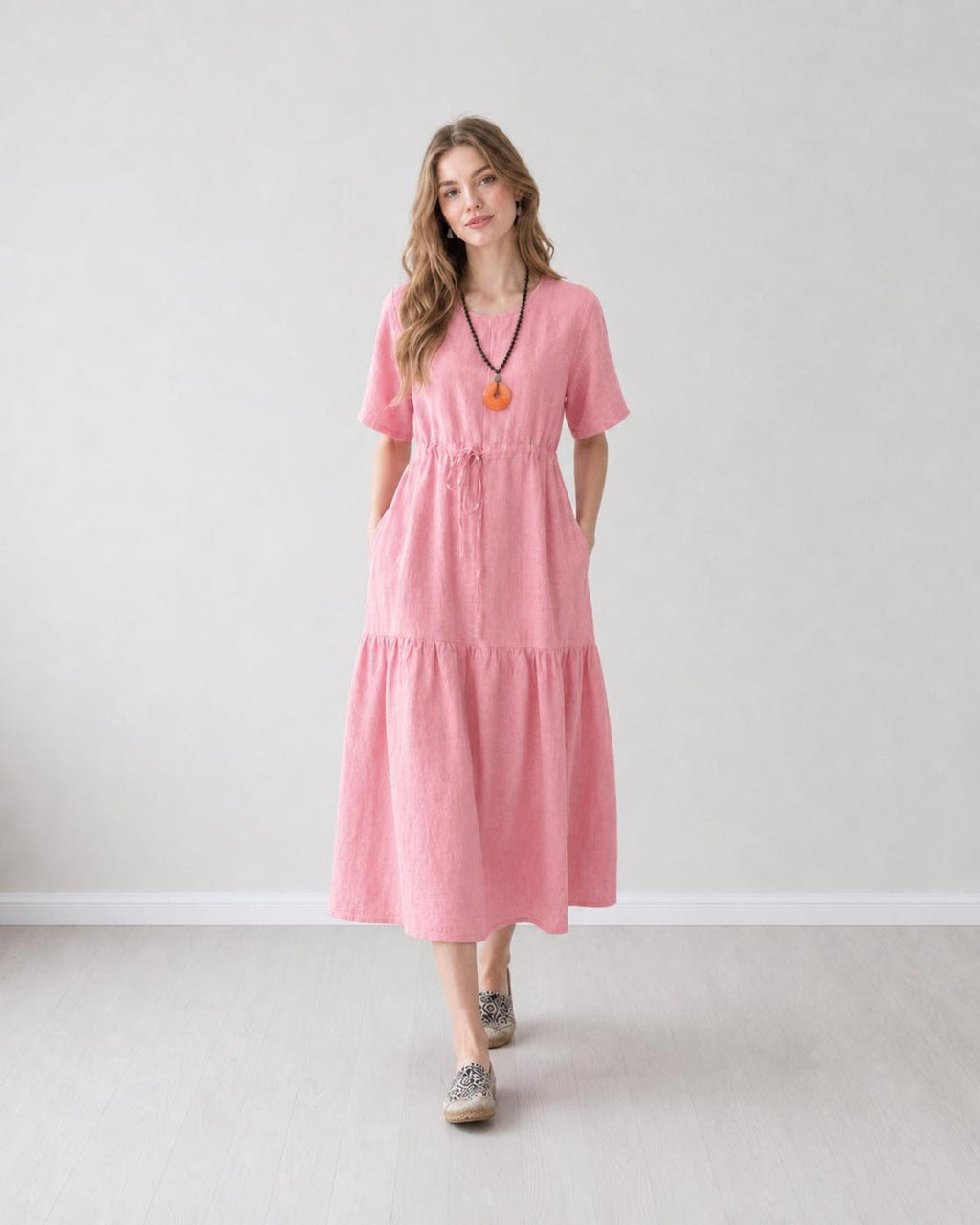 Linen Cotton Waist Tiered Dress Loose Fit Short Sleeves Dress