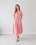 Linen Cotton Waist Tiered Dress Loose Fit Short Sleeves Dress