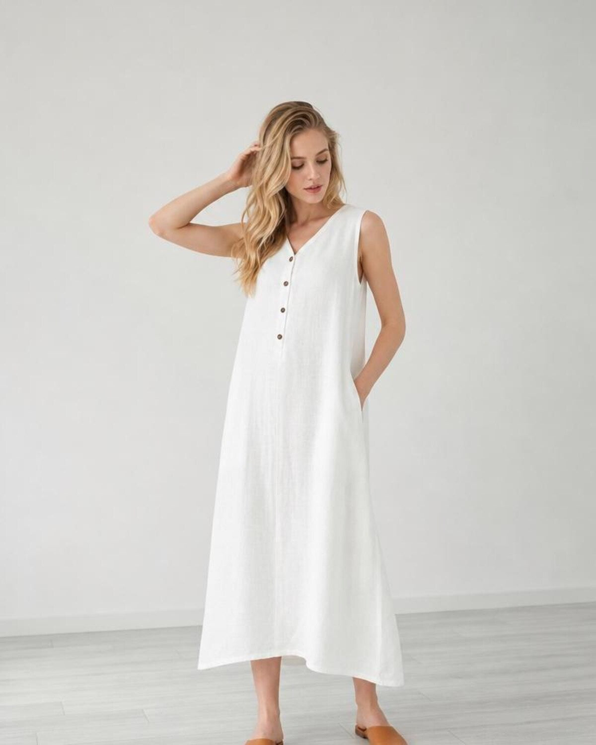 V-neck Sleeveless Cotton Linen Dress Summer Linen Dress