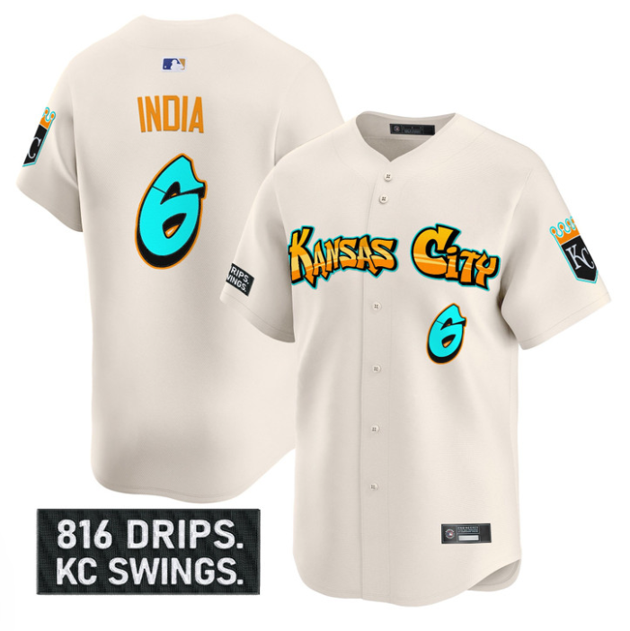 Jonathan India #6 Kansas City Royals Graffiti Crown Drop Limited Jersey - Cream