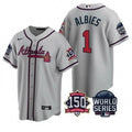 Ozzie Albies #1 Atlanta Braves Men 2021 World Series 150Th Anniversary Patch Limited Cool Base Jersey - Gray