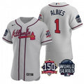Ozzie Albies #1 Atlanta Braves Men 2021 World Series 150Th Anniversary Patch Limited Baseball Jersey - Gray