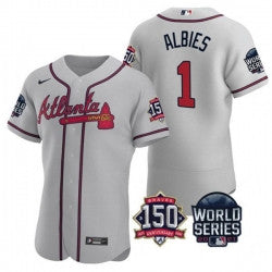 Ozzie Albies #1 Atlanta Braves Men 2021 World Series 150Th Anniversary Patch Limited Baseball Jersey - Gray
