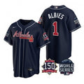 Ozzie Albies #1 Atlanta Braves Men 2021 World Series 150Th Anniversary Patch Limited Cool Base Jersey - Navy