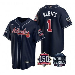 Ozzie Albies #1 Atlanta Braves Men 2021 World Series 150Th Anniversary Patch Limited Cool Base Jersey - Navy