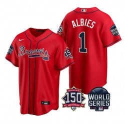 Ozzie Albies #1 Atlanta Braves Men 2021 World Series 150Th Anniversary Patch Limited Cool Base Jersey - Red
