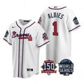 Ozzie Albies #1 Atlanta Braves Men 2021 World Series 150Th Anniversary Patch Limited Cool Base Jersey - White