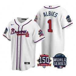 Ozzie Albies #1 Atlanta Braves Men 2021 World Series 150Th Anniversary Patch Limited Cool Base Jersey - White