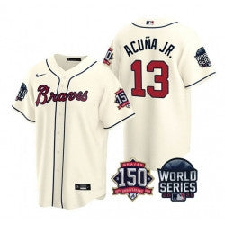Ronald Acuna Jr #13 Atlanta Braves Men 2021 World Series 150Th Anniversary Patch Limited Cool Base Jersey - Cream