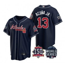 Ronald Acuna Jr #13 Atlanta Braves Men 2021 World Series 150Th Anniversary Patch Limited Cool Base Jersey - Navy