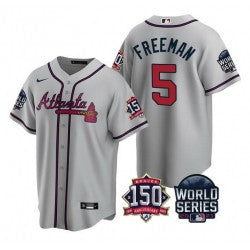 Freddie Freeman #5 Atlanta Braves Men 2021 World Series 150Th Anniversary Patch Limited Cool Base Jersey - Gray