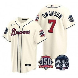 Dansby Swanson #7 Atlanta Braves Men 2021 World Series 150Th Anniversary Patch Limited Cool Base Jersey - Cream