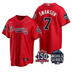 Dansby Swanson #7 Atlanta Braves Men 2021 World Series 150Th Anniversary Patch Limited Cool Base Jersey - Red