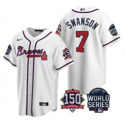Dansby Swanson #7 Atlanta Braves Men 2021 World Series 150Th Anniversary Patch Limited Cool Base Jersey - White