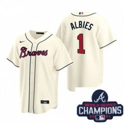 Ozzie Albies #1 Atlanta Braves Nike Men 2021 Alternate Baseball Champions Patch Limited Jersey - Cream