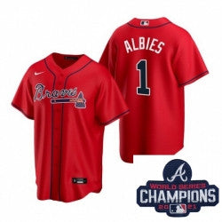Ozzie Albies #1 Atlanta Braves Nike Men 2021 Alternate Baseball Champions Patch Limited Jersey - Red