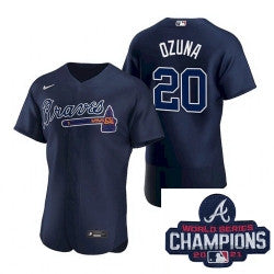 Marcell Ozuna #20 Atlanta Braves Nike Men 2021 Alternate Baseball Champions Patch Limited Jersey - Blue