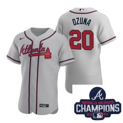 Marcell Ozuna #20 Atlanta Braves Nike Men 2021 Alternate Baseball Champions Patch Limited Jersey - Gray
