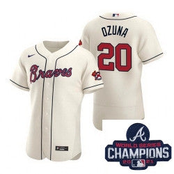 Marcell Ozuna #20 Atlanta Braves Nike Men 2021 Ice Alternate Baseball Champions Patch Limited Jersey - Cream