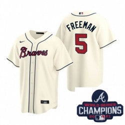 Freddie Freeman #5 Atlanta Braves Nike Men 2021 Alternate Baseball Champions Patch Limited Jersey - Cream