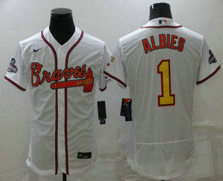 Ozzie Albies #1 Atlanta Braves Mens 2021 World Series Champions Limited Flex Base Jersey - White Gold