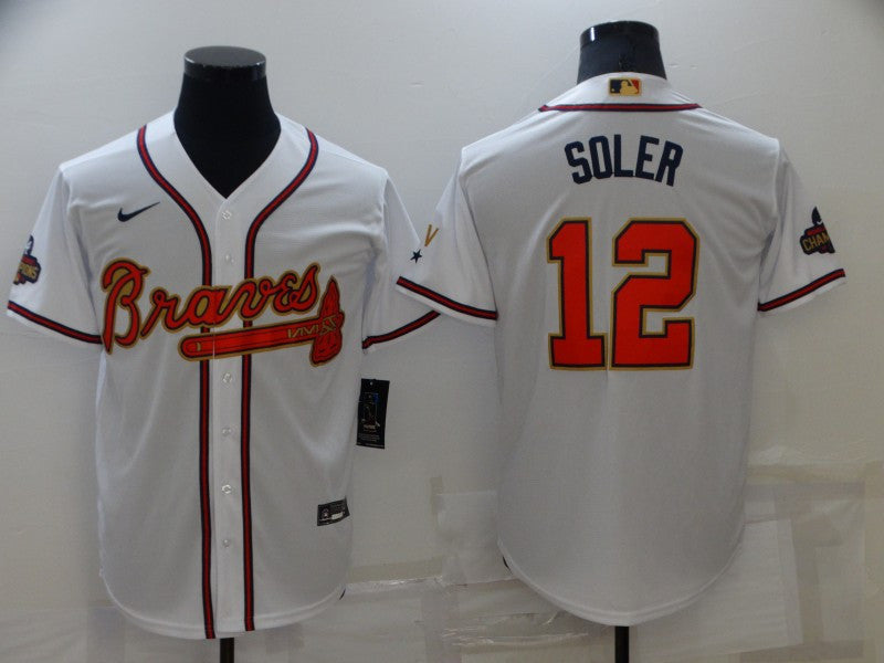 Jorge Soler #12 Atlanta Braves Mens 2022 World Series Champions Program Limited Cool Base Baseball Jersey - White Gold