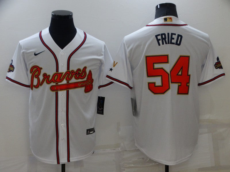 Max Fried #54 Atlanta Braves Mens 2022 World Series Champions Program Limited Cool Base Baseball Jersey - White Gold