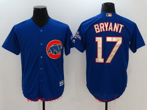 Kris Bryant #17 Chicago Cubs Majestic Mens 2017 World Series Champions Gold Limited Cool Base Jersey - Royal Blue