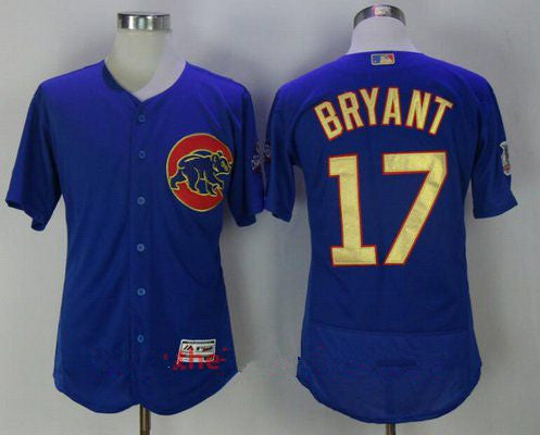 Kris Bryant #17 Chicago Cubs Majestic Mens 2017 World Series Champions Gold Limited Flex Base Jersey - Royal Blue