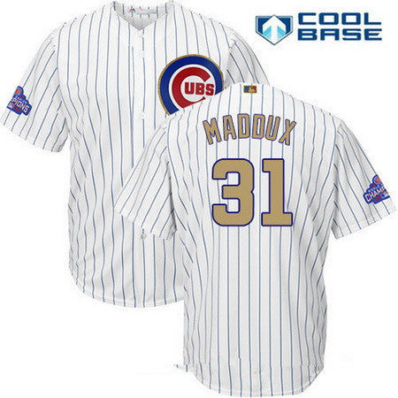 Greg Maddux #31 Chicago Cubs Majestic Mens 2017 World Series Champions Gold Limited Cool Base Jersey - White