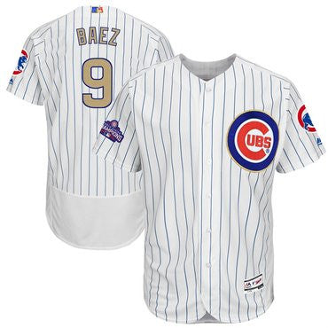 Javier Baez #9 Chicago Cubs Majestic Mens 2017 World Series Champions Gold Limited Flex Base Jersey - White