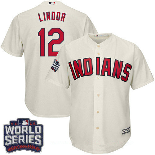 Francisco Lindor #12 Cleveland Indians Majestic Mens 2016 Alternate World Series Patch Limited Cool Base Jersey - Cream