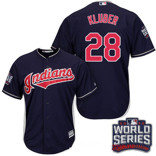 Corey Kluber #28 Cleveland Indians Majestic Mens 2016 Alternate World Series Patch Limited Cool Base Jersey - Navy Blue