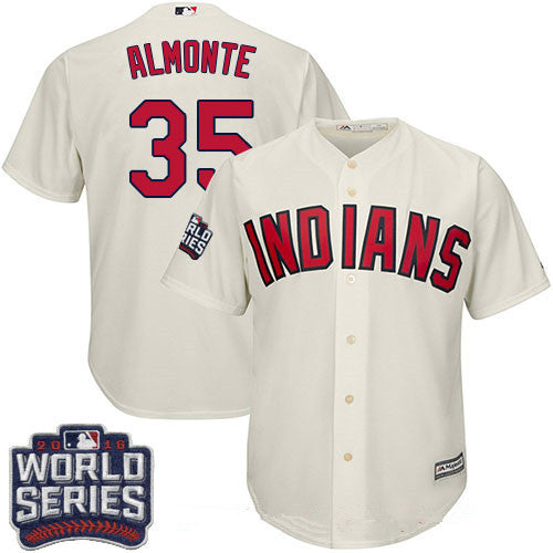 Abraham Almonte #35 Cleveland Indians Majestic Mens 2016 Alternate World Series Patch Limited Cool Base Jersey - Cream
