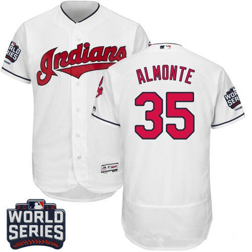 Abraham Almonte #35 Cleveland Indians Majestic Mens 2016 Home World Series Patch Limited Flex Base Jersey - White
