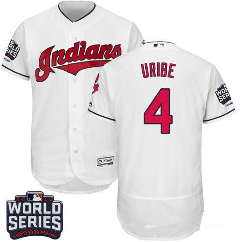 Juan Uribe #4 Cleveland Indians Majestic Mens 2016 Home World Series Patch Limited Flex Base Jersey - White