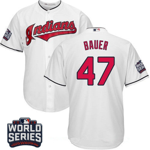 Trevor Bauer #47 Cleveland Indians Majestic Mens 2016 Home World Series Patch Limited Cool Base Jersey - White