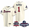 Ozzie Albies #1 Atlanta Braves Mens 2021 World Series Champions 150Th Anniversary Patch Limited Cool Base Jersey - Cream